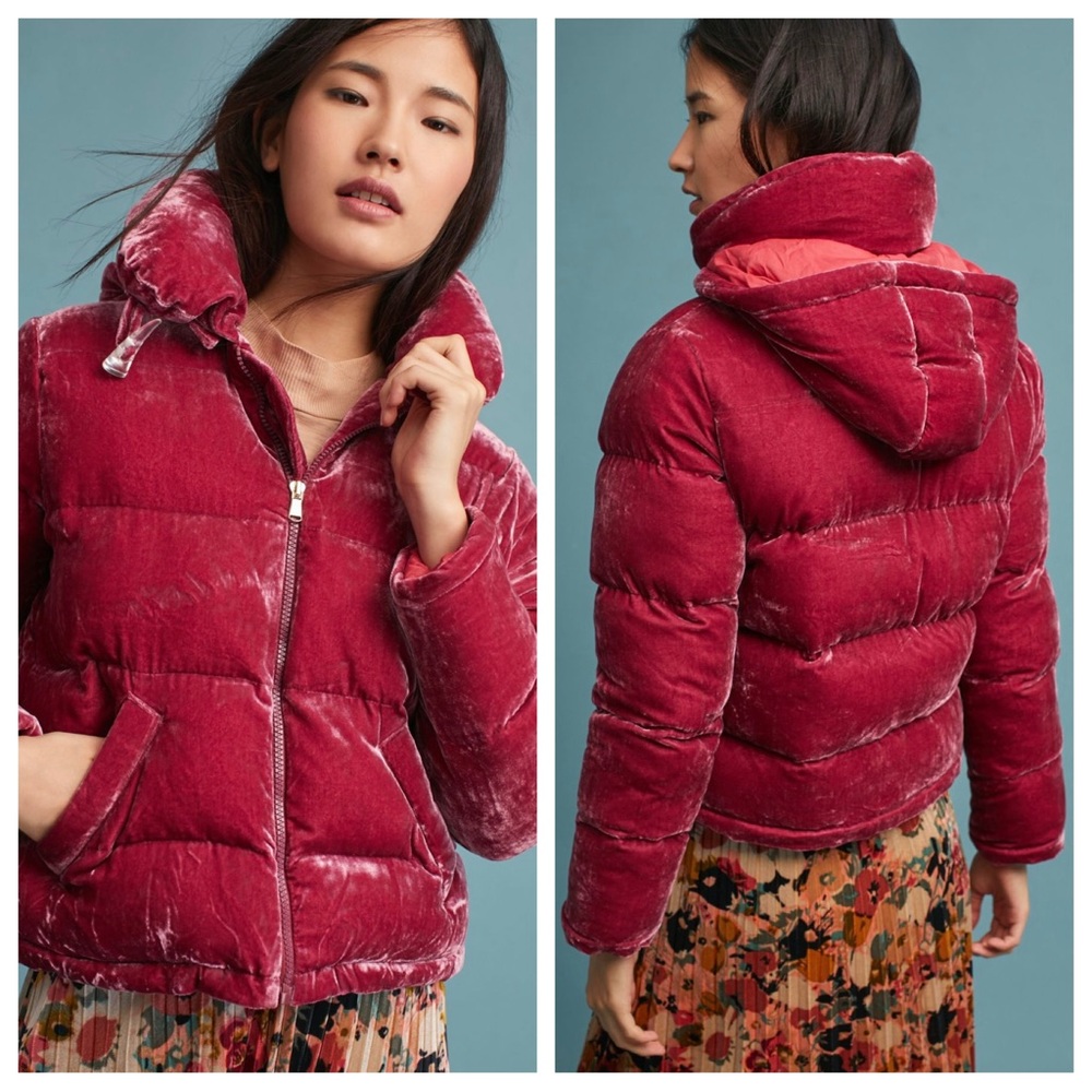 Rachel Antonoff Peggy Velvet Puffer Coat Zip-Up Jacket Hooded Pockets Pink